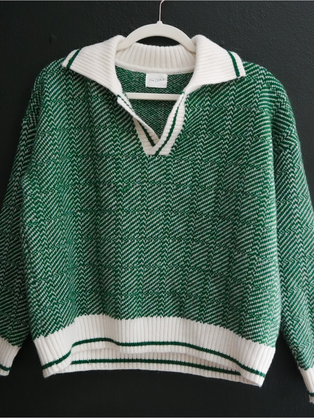 Easy Clothes Green & Cream Rugby Collar Knit Sweater | One Size